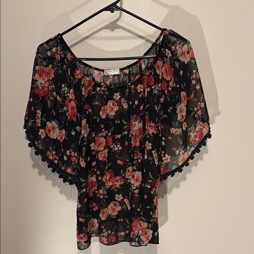 Black and Pink see through Flutter Sleeve Blouse